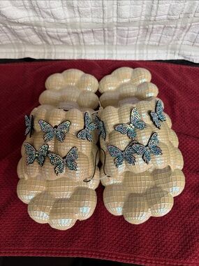 Iridescent Cream Bubble Slide Sandals with Rhinestone Butterflies